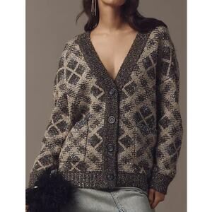 MAEVE Anthropologie Sweater Cardigan Women's Size XSP Gray Check Metallic NWOT